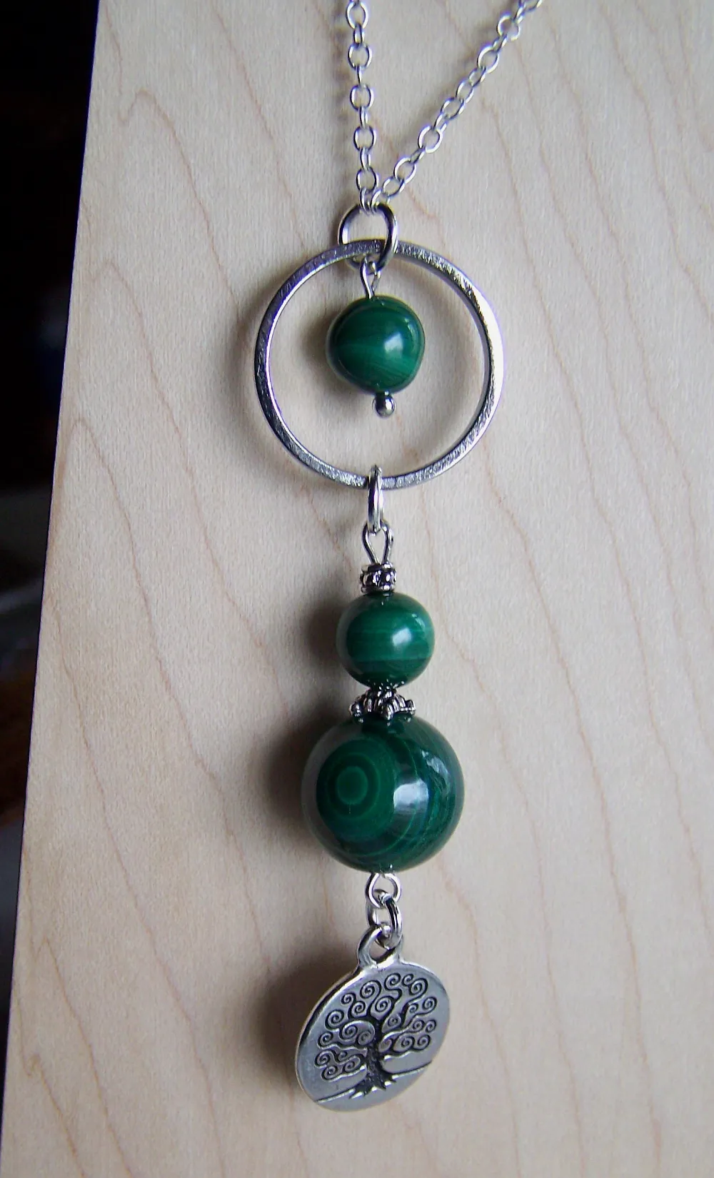 Green Malachite Beads Silver Tree of Life Elemental Necklace
